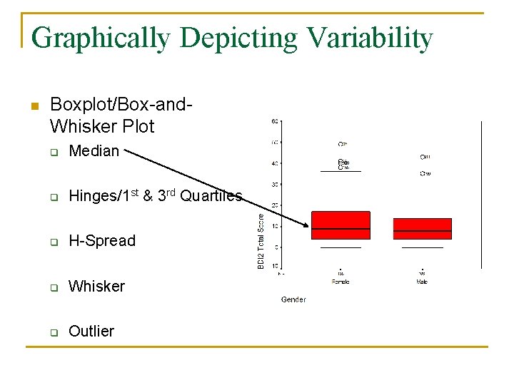 Graphically Depicting Variability n Boxplot/Box-and. Whisker Plot q Median q Hinges/1 st & 3