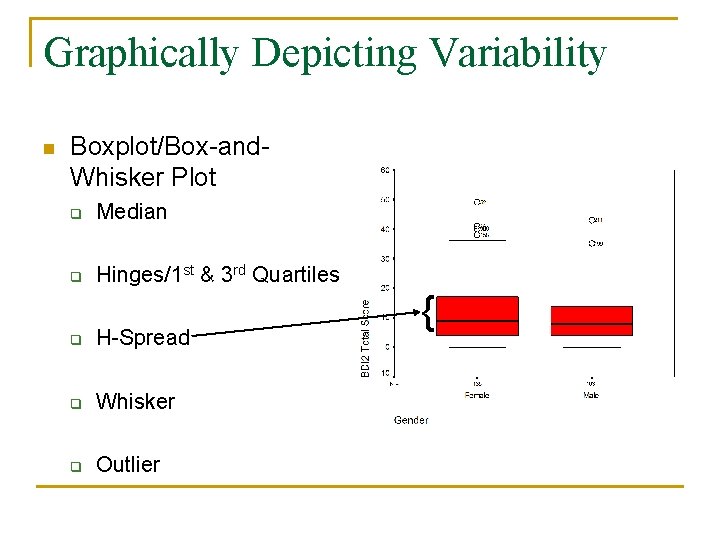 Graphically Depicting Variability n Boxplot/Box-and. Whisker Plot q Median q Hinges/1 st & 3