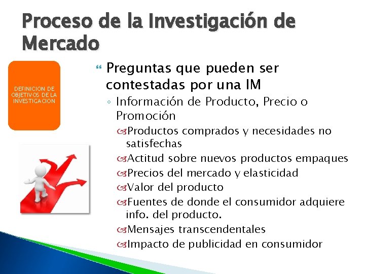 Proceso de la Investigación de Mercado DEFINICION DE OBJETIVOS DE LA INVESTIGACION Preguntas que