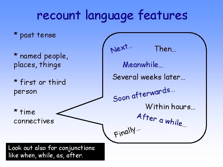 recount language features * past tense * named people, places, things * first or