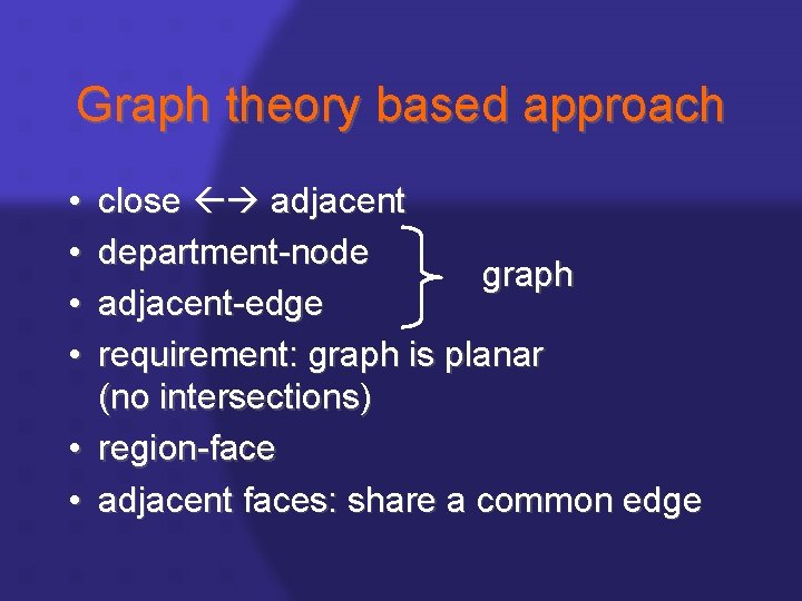 Graph theory based approach • • close adjacent department-node graph adjacent-edge requirement: graph is