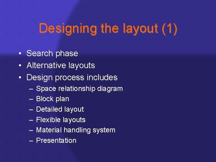 Designing the layout (1) • • • Search phase Alternative layouts Design process includes