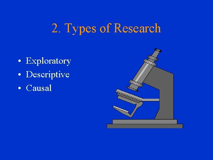 2. Types of Research • Exploratory • Descriptive • Causal 