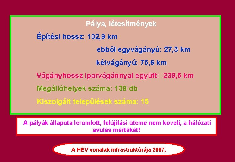  Pálya, létesítmények Építési hossz: 102, 9 km ebből egyvágányú: 27, 3 km kétvágányú: