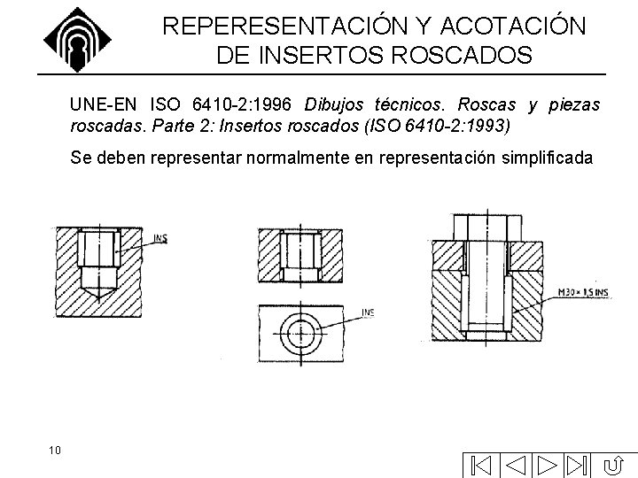 REPERESENTACIÓN Y ACOTACIÓN DE INSERTOS ROSCADOS UNE-EN ISO 6410 -2: 1996 Dibujos técnicos. Roscas REPERESENTACIÓN Y ACOTACIÓN DE INSERTOS ROSCADOS UNE-EN ISO 6410 -2: 1996 Dibujos técnicos. Roscas
