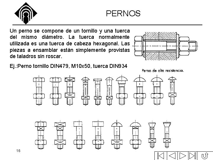 PERNOS Un perno se compone de un tornillo y una tuerca del mismo diámetro. PERNOS Un perno se compone de un tornillo y una tuerca del mismo diámetro.