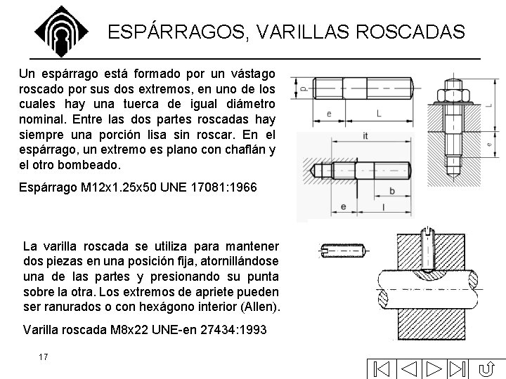 ESPÁRRAGOS, VARILLAS ROSCADAS Un espárrago está formado por un vástago roscado por sus dos ESPÁRRAGOS, VARILLAS ROSCADAS Un espárrago está formado por un vástago roscado por sus dos