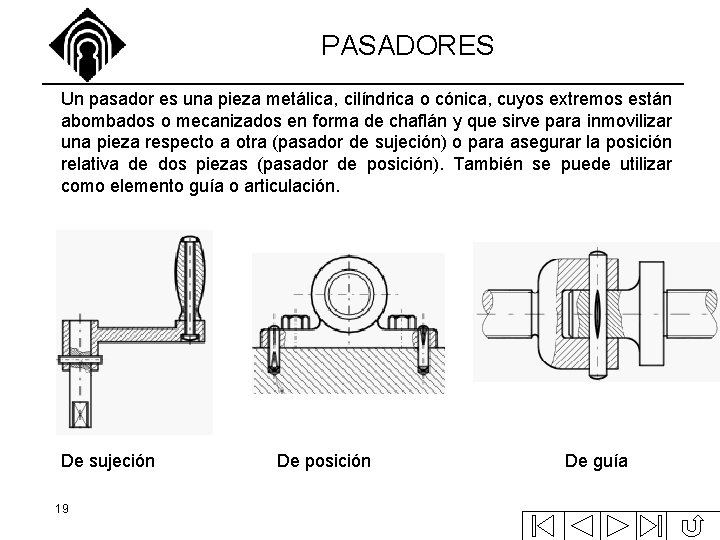 PASADORES Un pasador es una pieza metálica, cilíndrica o cónica, cuyos extremos están abombados PASADORES Un pasador es una pieza metálica, cilíndrica o cónica, cuyos extremos están abombados