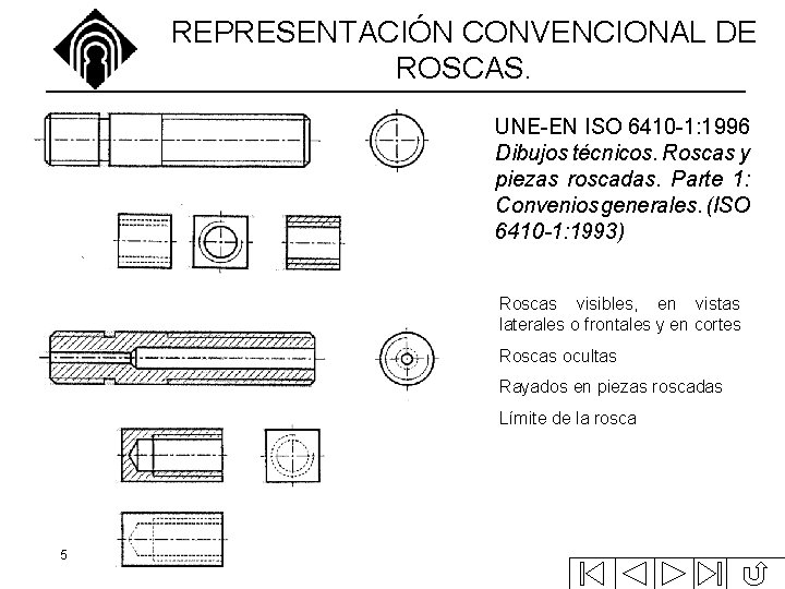 REPRESENTACIÓN CONVENCIONAL DE ROSCAS. UNE-EN ISO 6410 -1: 1996 Dibujos técnicos. Roscas y piezas REPRESENTACIÓN CONVENCIONAL DE ROSCAS. UNE-EN ISO 6410 -1: 1996 Dibujos técnicos. Roscas y piezas