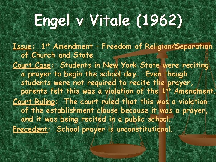Engel v Vitale (1962) Issue: 1 st Amendment – Freedom of Religion/Separation of Church