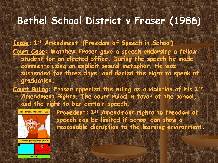 Bethel School District v Fraser (1986) Issue: 1 st Amendment (Freedom of Speech in