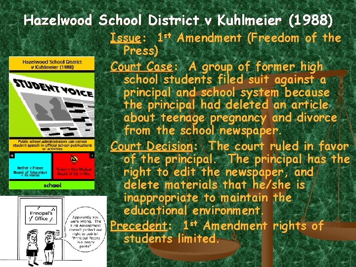 Hazelwood School District v Kuhlmeier (1988) Issue: 1 st Amendment (Freedom of the Press)