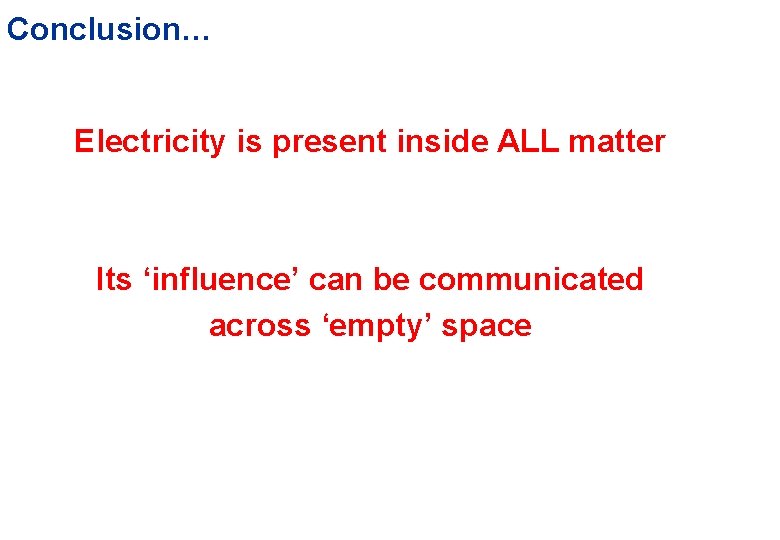 Conclusion… Electricity is present inside ALL matter Its ‘influence’ can be communicated across ‘empty’