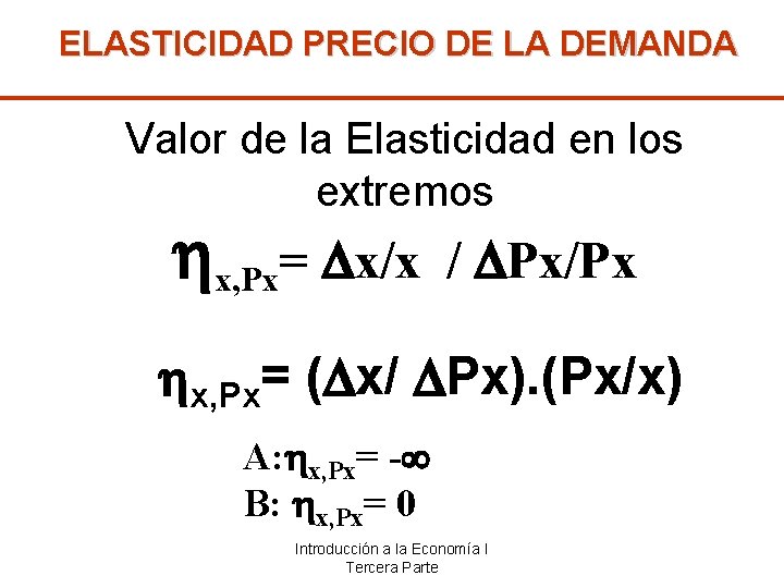 ELASTICIDAD PRECIO DE LA DEMANDA Valor de la Elasticidad en los extremos x, Px=