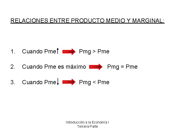 RELACIONES ENTRE PRODUCTO MEDIO Y MARGINAL: 1. Cuando Pme 2. Cuando Pme es máximo