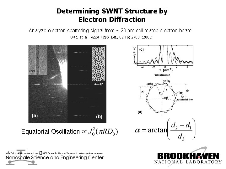 Determining SWNT Structure by Electron Diffraction Analyze electron scattering signal from ~ 20 nm
