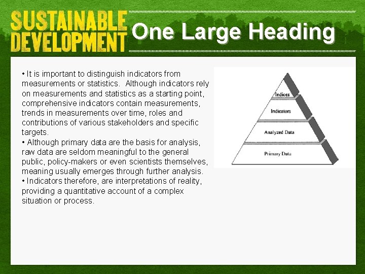 One Large Heading • It is important to distinguish indicators from measurements or statistics.