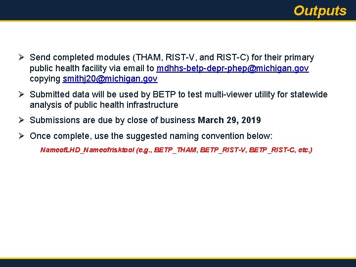 Outputs Ø Send completed modules (THAM, RIST-V, and RIST-C) for their primary public health