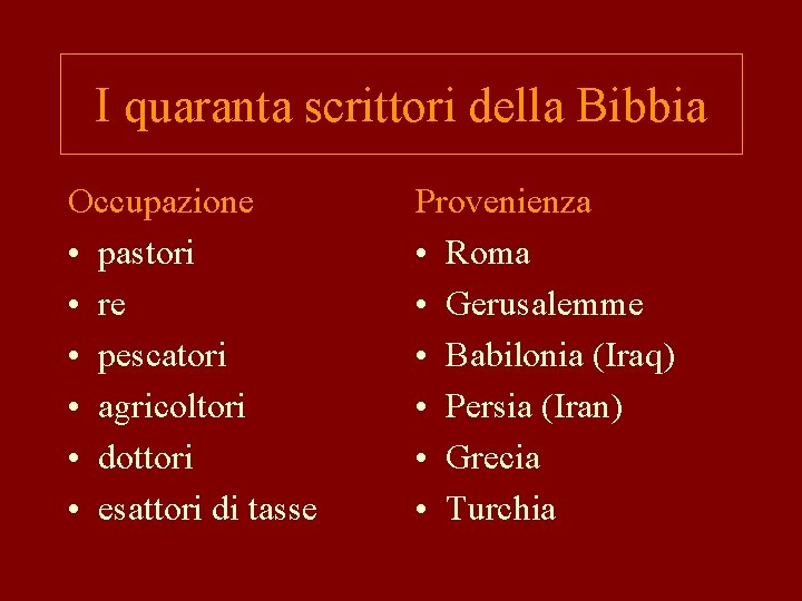 I quaranta scrittori della Bibbia Occupazione • pastori • re • pescatori • agricoltori