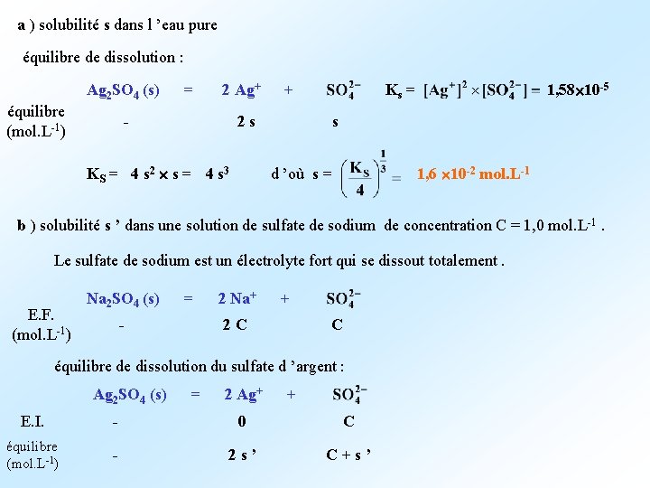 a ) solubilité s dans l ’eau pure équilibre de dissolution : Ks =