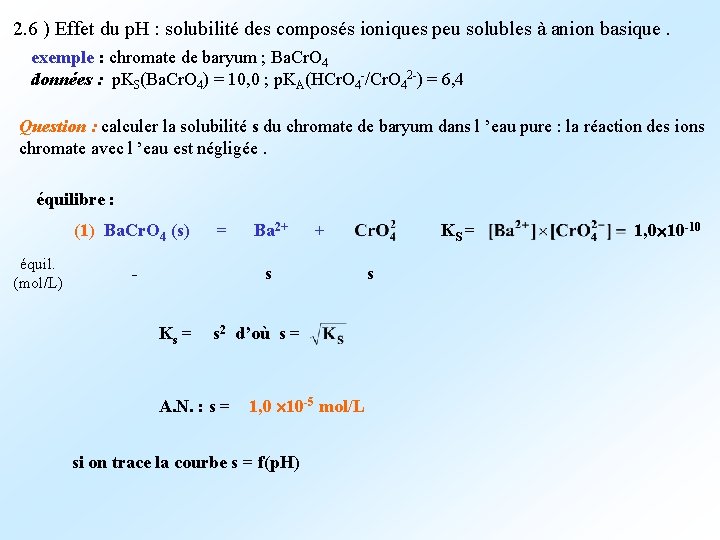 2. 6 ) Effet du p. H : solubilité des composés ioniques peu solubles