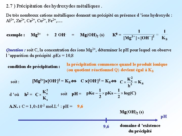 2. 7 ) Précipitation des hydroxydes métalliques. De très nombreux cations métalliques donnent un