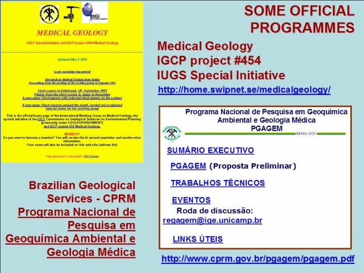 SOME OFFICIAL PROGRAMMES Medical Geology IGCP project #454 IUGS Special Initiative http: //home. swipnet.