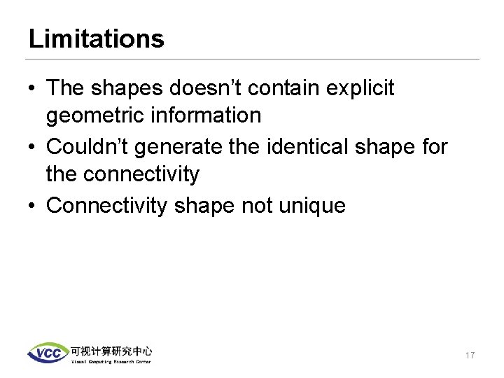 Limitations • The shapes doesn’t contain explicit geometric information • Couldn’t generate the identical