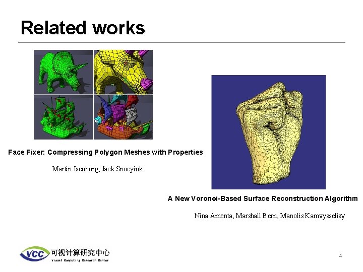 Related works Face Fixer: Compressing Polygon Meshes with Properties Martin Isenburg, Jack Snoeyink A