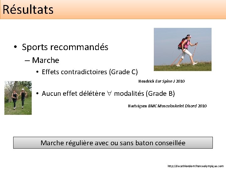 Résultats • Sports recommandés – Marche • Effets contradictoires (Grade C) Hendrick Eur Spine