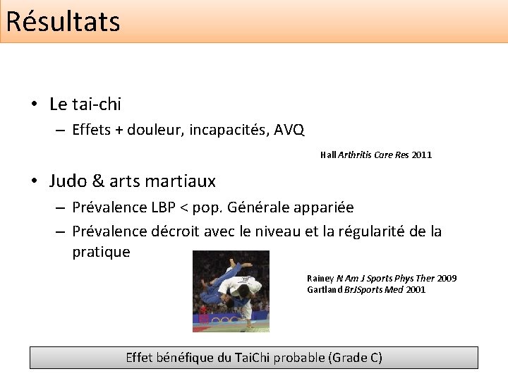 Résultats • Le tai-chi – Effets + douleur, incapacités, AVQ Hall Arthritis Care Res