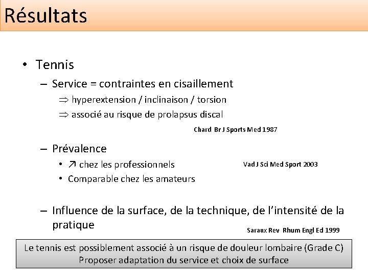 Résultats • Tennis – Service = contraintes en cisaillement Þ hyperextension / inclinaison /