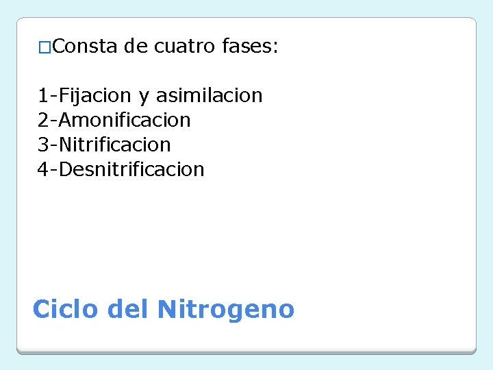 �Consta de cuatro fases: 1 -Fijacion y asimilacion 2 -Amonificacion 3 -Nitrificacion 4 -Desnitrificacion