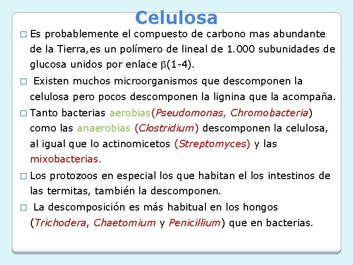 Celulosa � Es probablemente el compuesto de carbono mas abundante de la Tierra, es