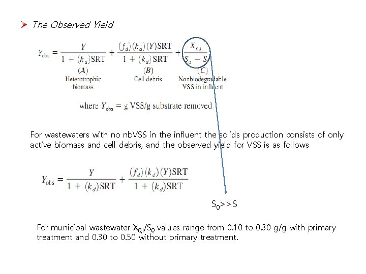 Ø The Observed Yield For wastewaters with no nb. VSS in the influent the