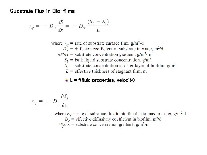 Substrate Flux in Bio-films L = f(fluid properties, velocity) 