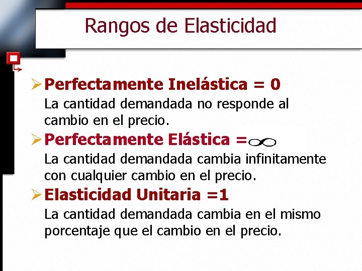 Rangos de Elasticidad Ø Perfectamente Inelástica = 0 La cantidad demandada no responde al