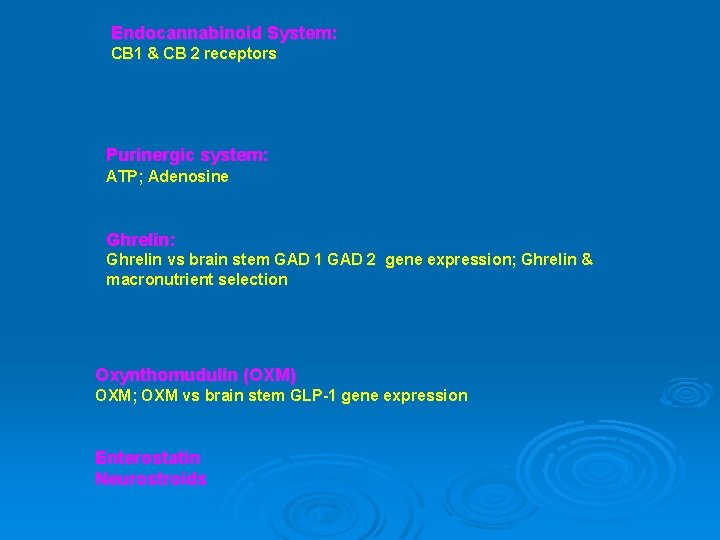 Endocannabinoid System: CB 1 & CB 2 receptors Purinergic system: ATP; Adenosine Ghrelin: Ghrelin