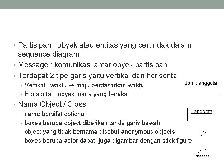  • Partisipan : obyek atau entitas yang bertindak dalam sequence diagram • Message