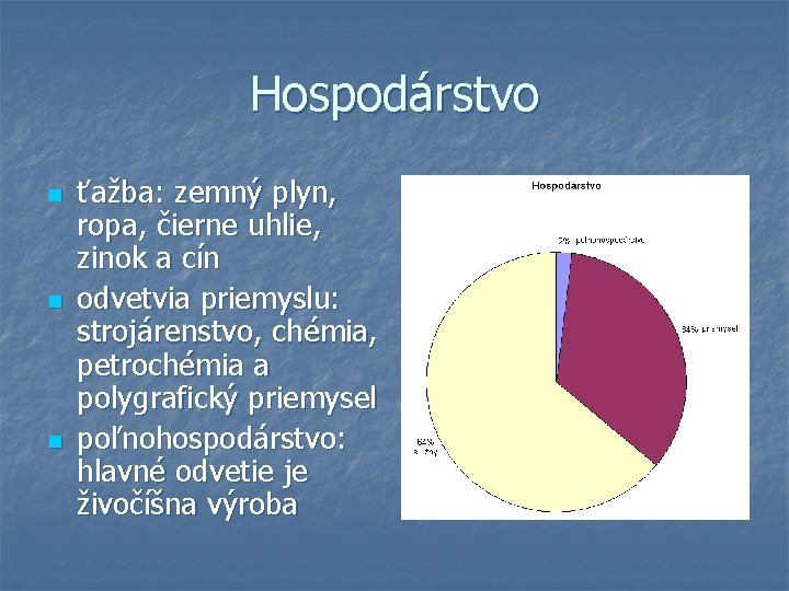 Hospodárstvo n n n ťažba: zemný plyn, ropa, čierne uhlie, zinok a cín odvetvia