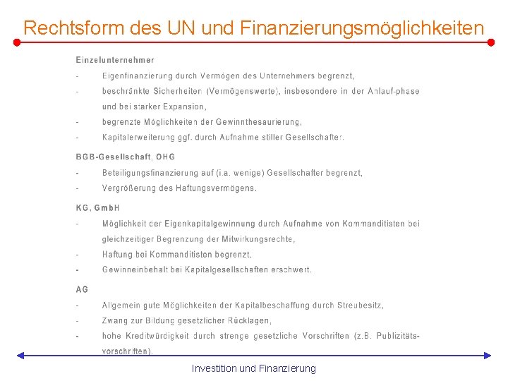 Rechtsform des UN und Finanzierungsmöglichkeiten Investition und Finanzierung 