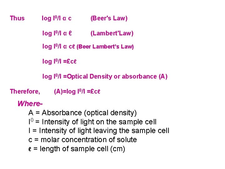Thus log I 0/I α c (Beer's Law) log I 0/I α ℓ (Lambert'Law)