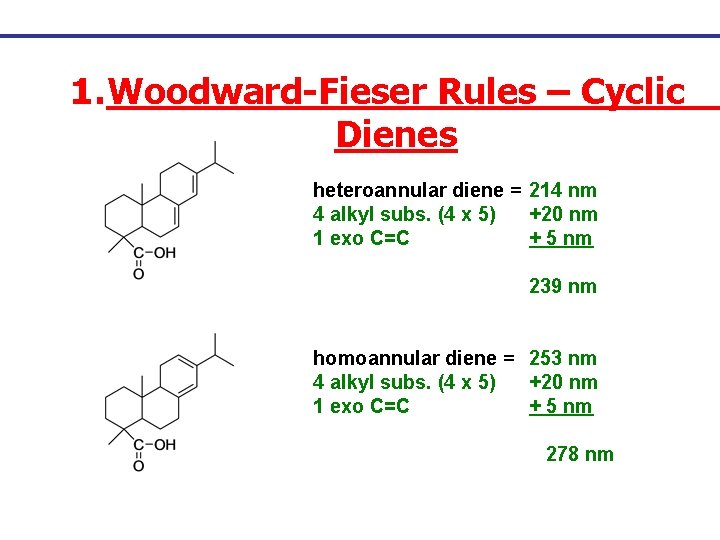 1. Woodward-Fieser Rules – Cyclic Dienes heteroannular diene = 214 nm 4 alkyl subs.