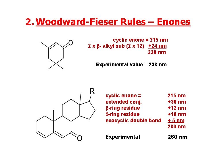 2. Woodward-Fieser Rules – Enones cyclic enone = 215 nm 2 x b- alkyl