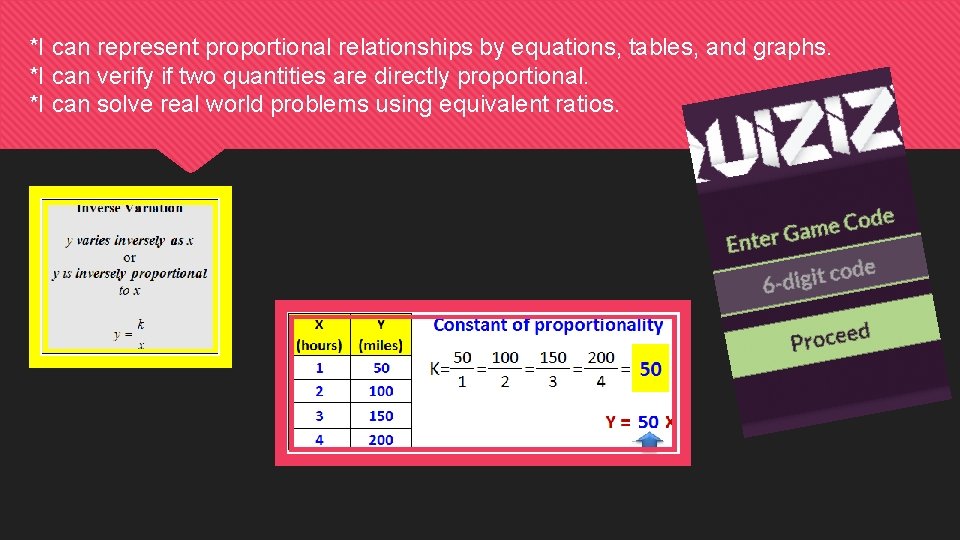 *I can represent proportional relationships by equations, tables, and graphs. *I can verify if