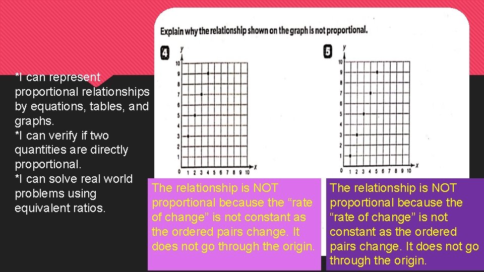 *I can represent proportional relationships by equations, tables, and graphs. *I can verify if