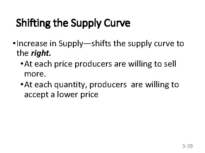 Shifting the Supply Curve • Increase in Supply—shifts the supply curve to the right.