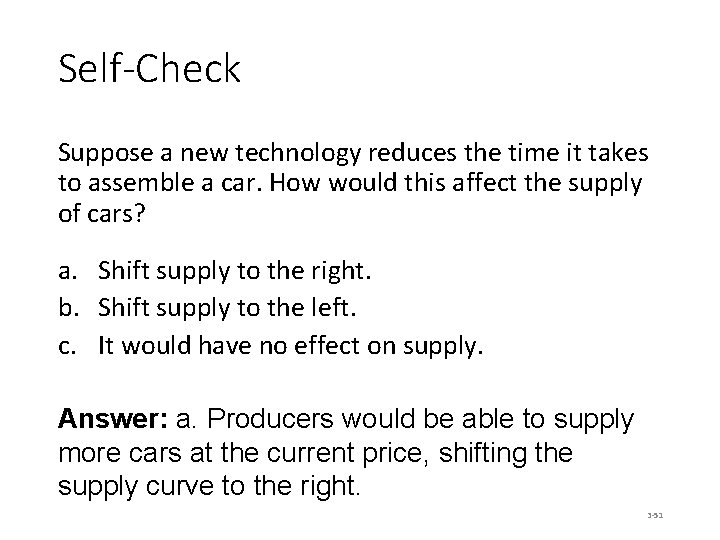 Self-Check Suppose a new technology reduces the time it takes to assemble a car.