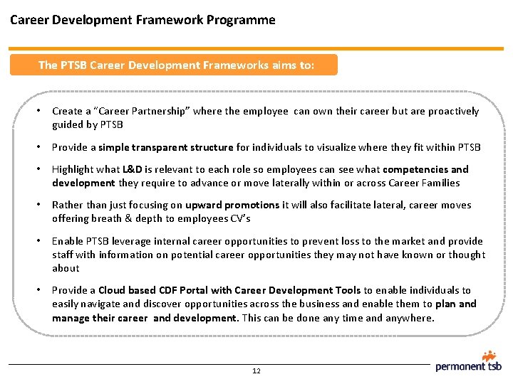 Career Development Framework Programme The PTSB Career Development Frameworks aims to: • Create a