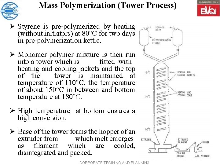 Mass Polymerization (Tower Process) Ø Styrene is pre-polymerized by heating (without initiators) at 80°C